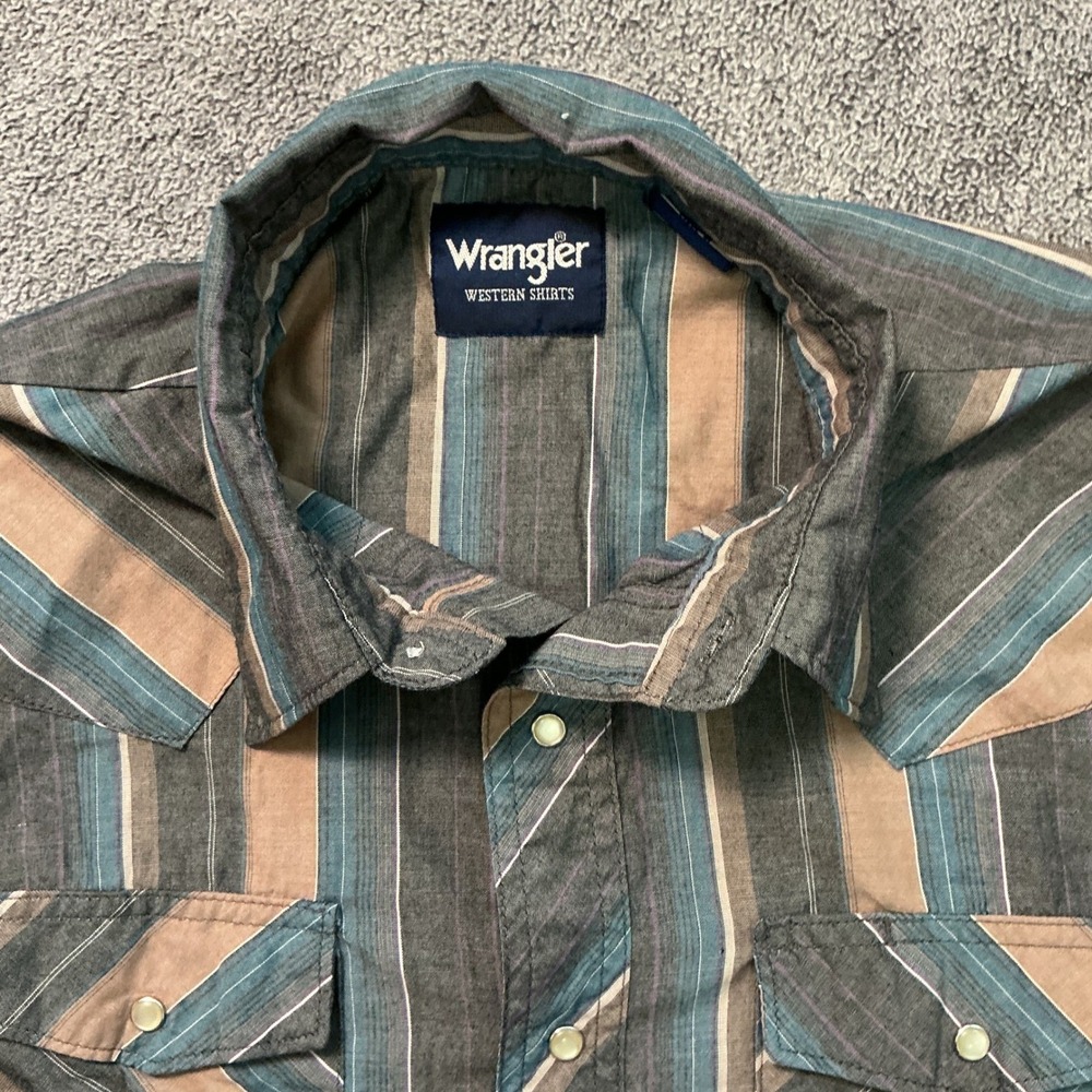 Wrangler Western Shirt Mens Large Blue Brown Striped Pearl Snap Long Sleeve L - Picture 2 of 8
